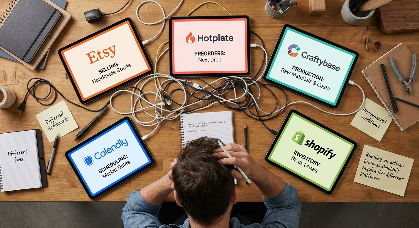 An artisan juggling five disconnected platform tools for selling, preorders, production, scheduling, and inventory.